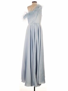 Mac Duggal Light Blue One-Shoulder Feather Trim Maxi Dress